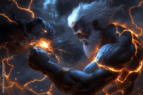 A powerful god with lightning bolts battles a demonic figure in a fiery clash. photo