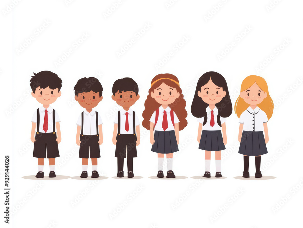Group of children in school uniforms, white background, flat design illustration Group of children in school uniforms, white background, flat design illustration