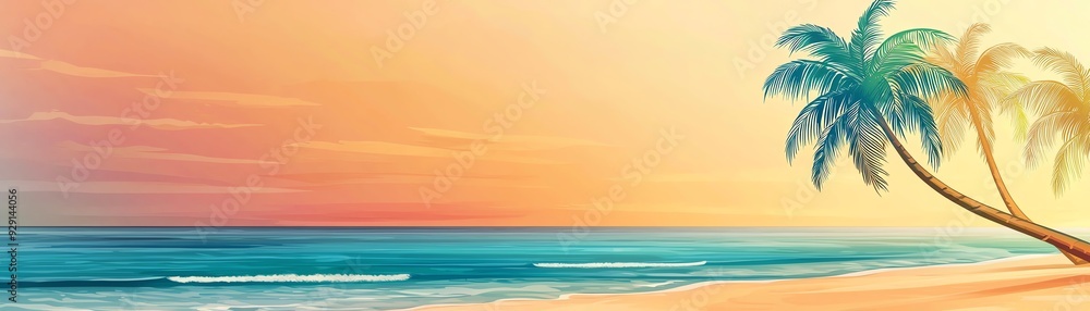 Serene beach scene with palm trees under a vibrant sunset, evoking relaxation and tropical beauty. Serene beach scene with palm trees under a vibrant sunset, evoking relaxation and tropical beauty.
