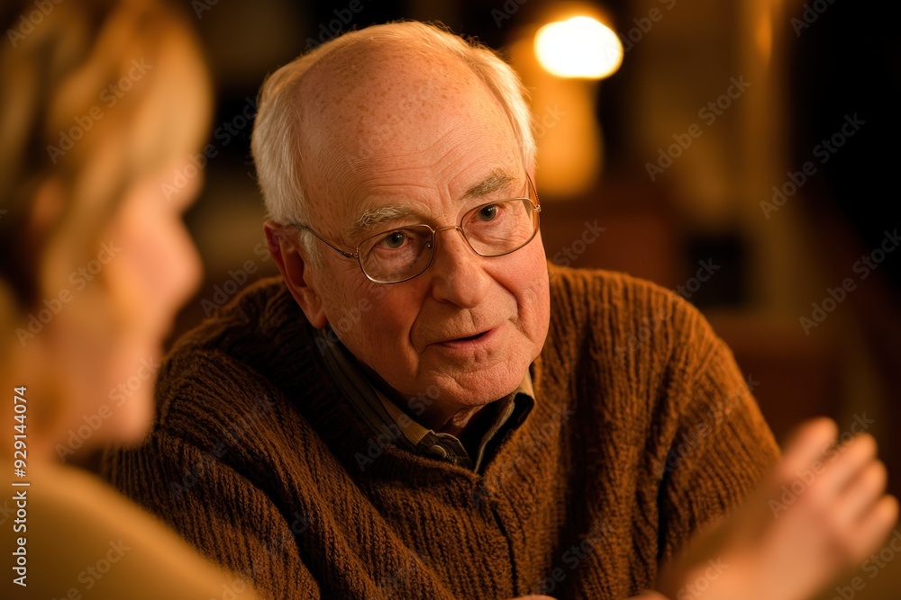 Senior Man Engaged in Book Club Discussion under Warm Lighting Senior Man Engaged in Book Club Discussion under Warm Lighting