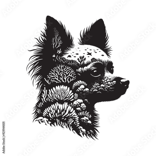 silhouette of chihuahua, filled with underwater view with coral in rough drawing,