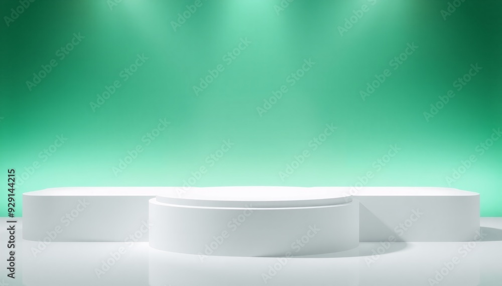elegant white podium centered in the frame with a gradient background moving from soft mint green to dark emerald spotlight focused on the podium giving a sophisticated and elegant white podium centered in the frame with a gradient background moving from soft mint green to dark emerald spotlight focused on the podium giving a sophisticated and