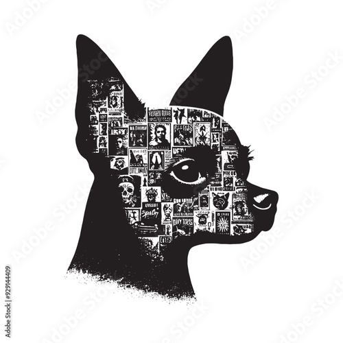 silhouette of chihuahua, filled with vintage punk's poster collage wall in rough drawing,