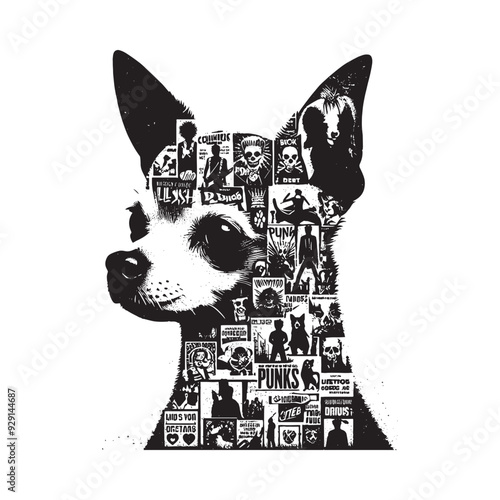 silhouette of chihuahua, filled with vintage punk's poster collage wall in rough drawing,