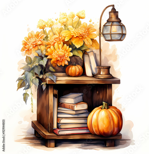 A rustic wooden bookshelf filled with books and decorated with autumn leaves, exuding cozy seasonal charm. Perfect for wallpapers, backgrounds