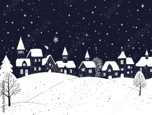 Snowy Christmas village, romantic monochrome background with text space, flat design illustration