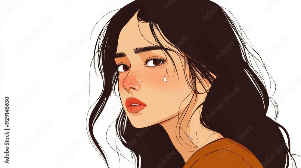 A lady with tears in her eyes, gently biting her lip, emotional and contemplative, flat , isolated on white background A lady with tears in her eyes, gently biting her lip, emotional and contemplative, flat , isolated on white background