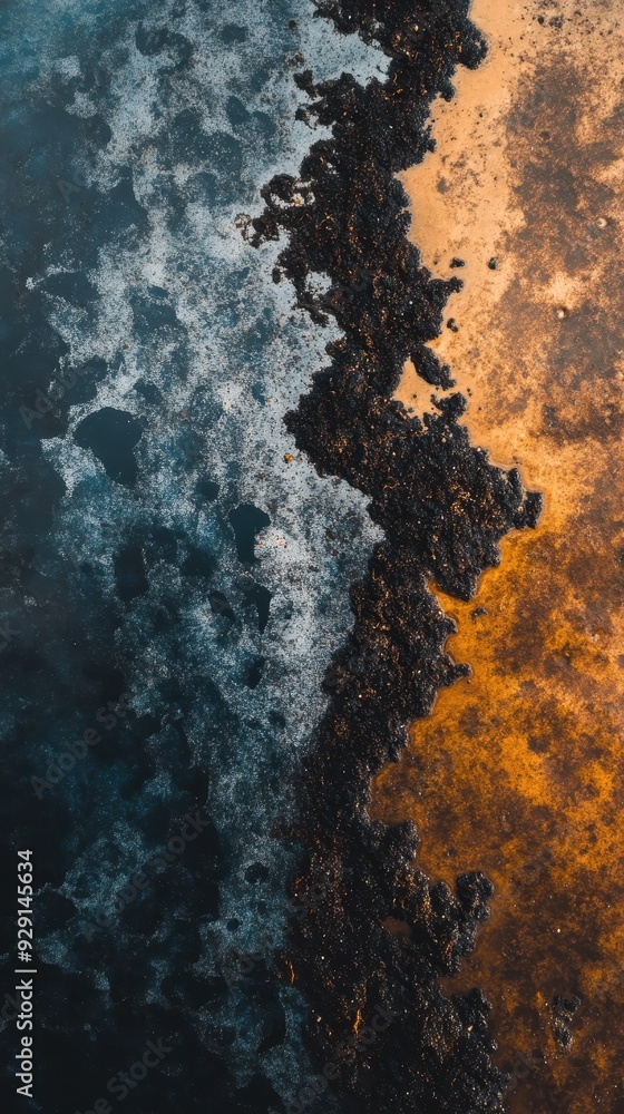 Ocean waves crash on a sandy beach while the sun sets, creating vibrant colors and contrasts along the shoreline Ocean waves crash on a sandy beach while the sun sets, creating vibrant colors and contrasts along the shoreline