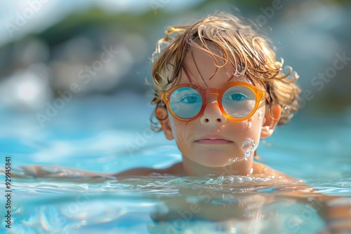 A young child swimming in a pool with orange sunglasses, enjoying the summer day.