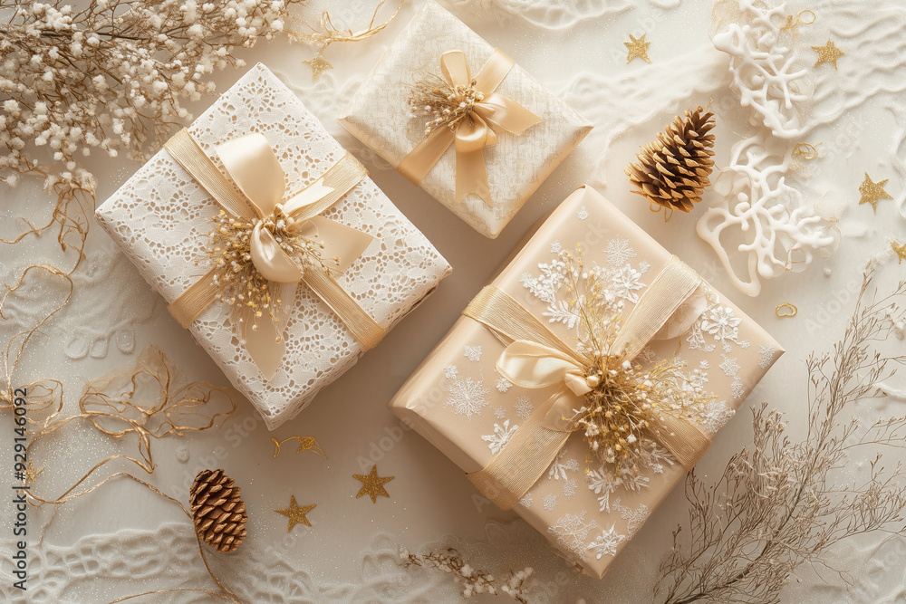 Fototapeta premium 3 craft paper and fabric wrapped gift boxes with ribbon bows and dry flowers for decoration flat lay. Eco friendly, sustainable life style. 