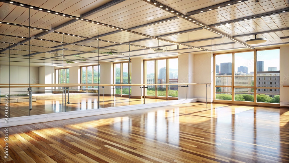 Spacious modern dance studio with mirrors, barre, and wooden floor, perfect for ballet, contemporary, or Pilates practice, with natural light pouring through large windows. Spacious modern dance studio with mirrors, barre, and wooden floor, perfect for ballet, contemporary, or Pilates practice, with natural light pouring through large windows.