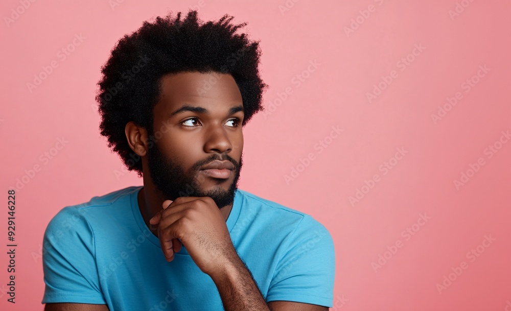 Thoughtful Young Man with Afro Looking Up Against Pink Background Thoughtful Young Man with Afro Looking Up Against Pink Background