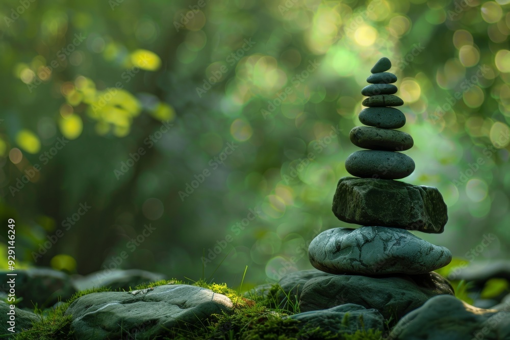 Obraz premium A serene stack of stones on a moss-covered area in a tranquil forest