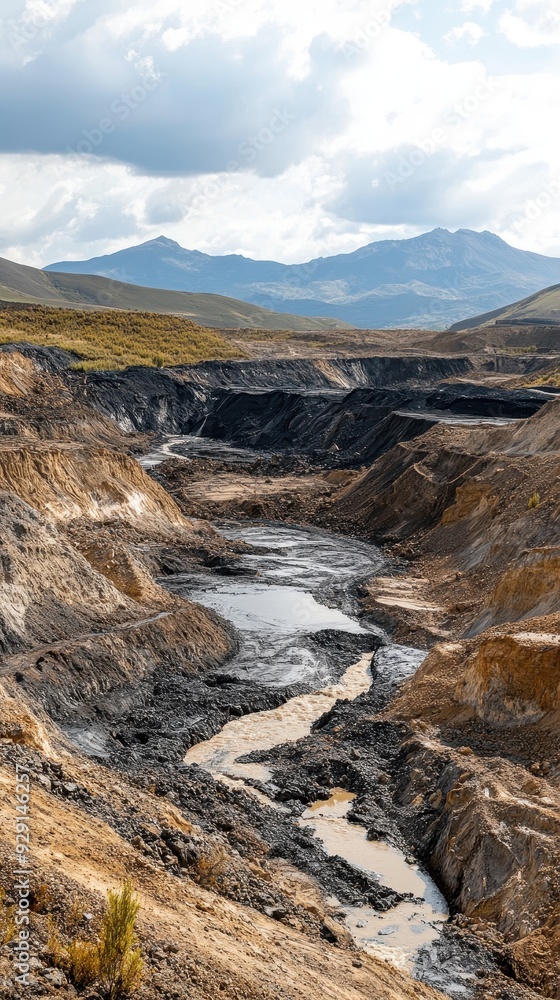 A winding river carves through a dramatic, eroded landscape in the mountains under a cloudy sky A winding river carves through a dramatic, eroded landscape in the mountains under a cloudy sky