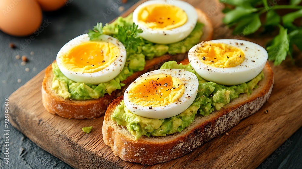 a close-up of four open-faced sandwiches with avocado and boiled eggs. a close-up of four open-faced sandwiches with avocado and boiled eggs.