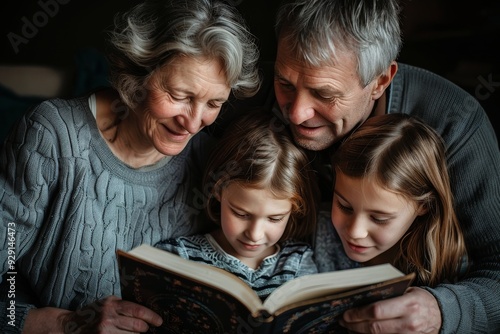 Grandparents reading a book with their two children