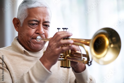 Senior Man Mastering the Trumpet with Determination, Musical Notes Surrounding Him