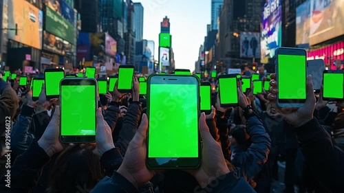 People gathered at a protest in a city holding up smartphones to record but each phone screen is a chroma key green screen.