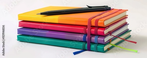 Wallpaper Mural Stack of colorful journals with pens on white background, 4K hyperrealistic photo Torontodigital.ca
