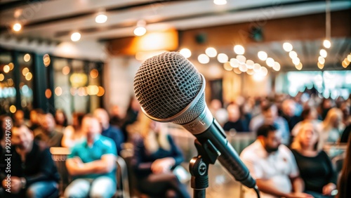 Microphone in Front of a Blurred Audience