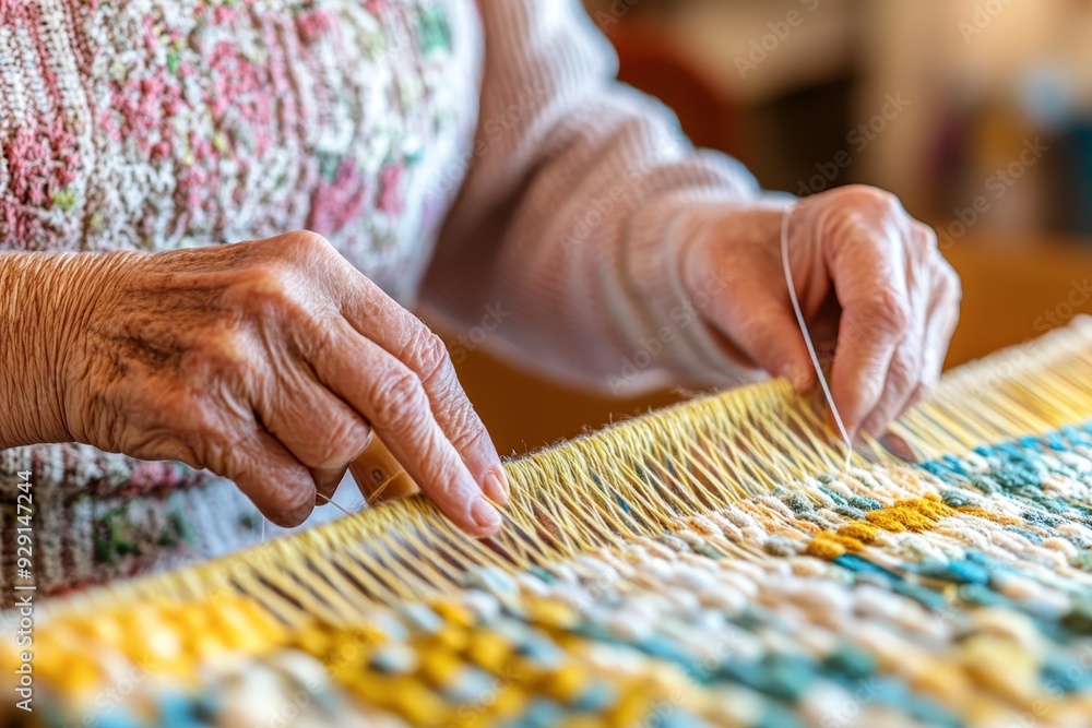Serene Elderly Woman Learning to Weave, Close-Up of Hands Guiding Threads with Care and Precision Serene Elderly Woman Learning to Weave, Close-Up of Hands Guiding Threads with Care and Precision
