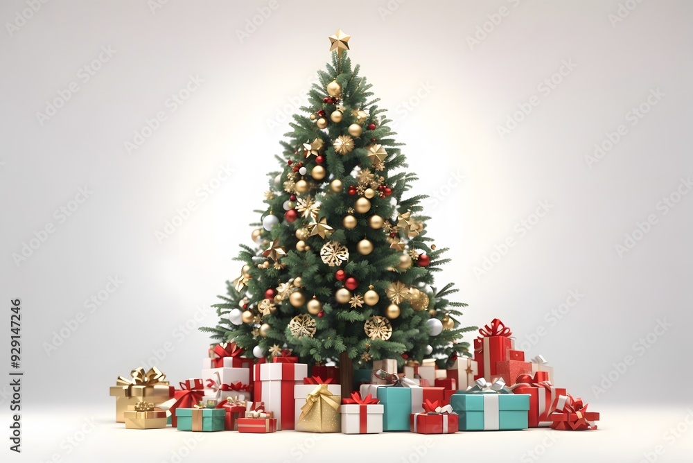 Decorated Christmas tree with a star topper, festive ornaments, and a pile of colorful gifts isolated
Decorated Christmas tree with a star topper, festive ornaments, and a pile of colorful gifts isolated