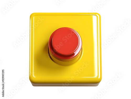 Red emergency stop button on yellow base isolated on transparent or white background photo