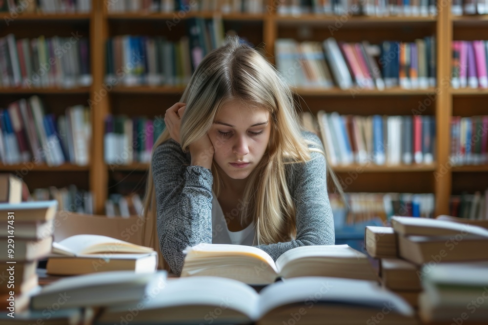 Student concentrating on studying at a table in a library surrounded by books Student concentrating on studying at a table in a library surrounded by books