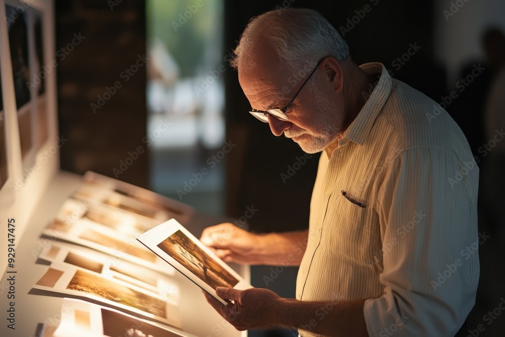 Senior Man Enjoying Photography Exhibit in Warm Light, Engrossed in Analyzing Artistic Photos Senior Man Enjoying Photography Exhibit in Warm Light, Engrossed in Analyzing Artistic Photos