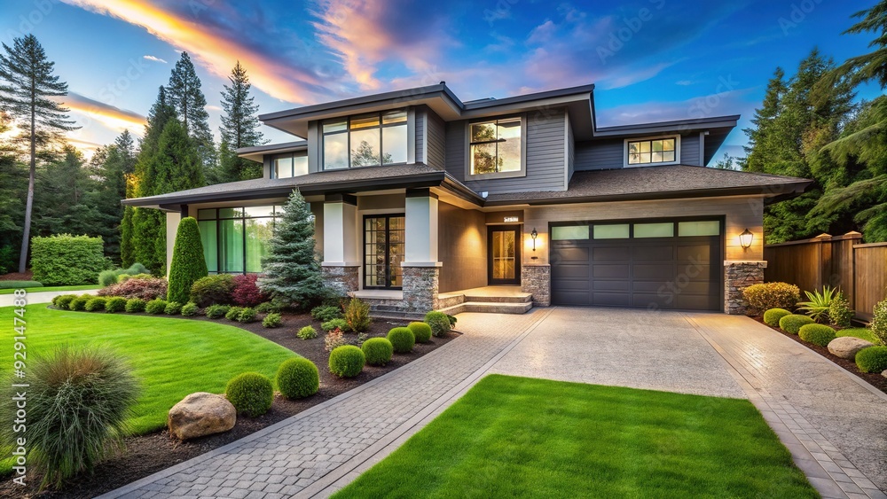 Sparkling clean exterior of a modern home with lush greenery, perfectly manicured lawn, and a spotless driveway, conveying a sense of pride and organization. Sparkling clean exterior of a modern home with lush greenery, perfectly manicured lawn, and a spotless driveway, conveying a sense of pride and organization.