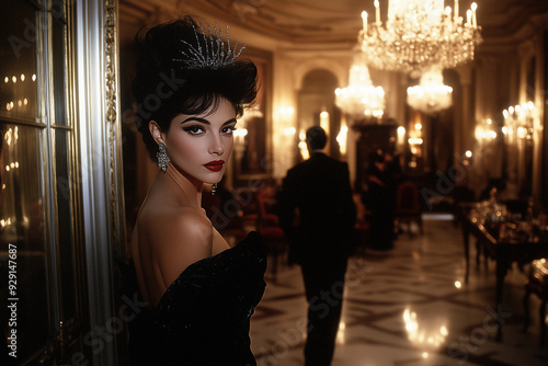 Glamorous Woman in Luxurious Ballroom at Night