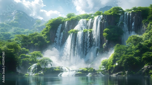Majestic Waterfall Surrounded by Lush Tropical Greenery and Mist