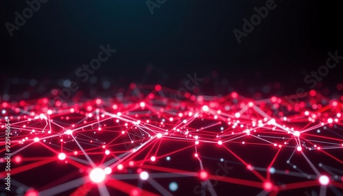 abstract circuit board with a network of glowing red and white data pathways intricate web of connections and nodes bright lines intersecting across a dark background