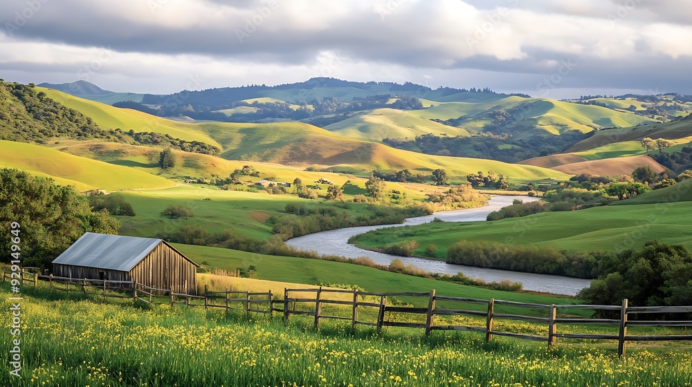 Obraz premium a valley with a small wooden house and a river flowing through green fields. T