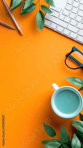 A vibrant workspace featuring a teal mug, keyboard, glasses, and green leaves on a bright orange background.