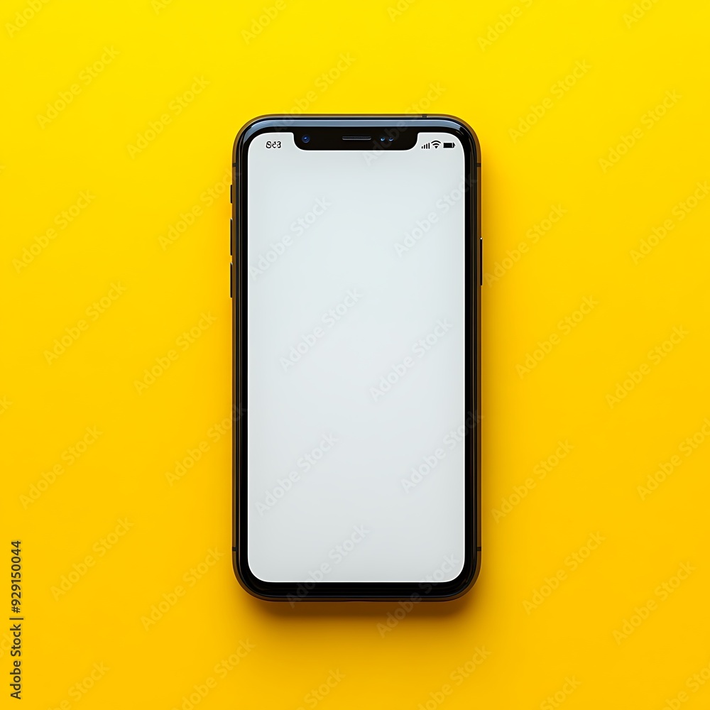 A modern smartphone with a sleek black frame and a blank white screen is displayed against a vibrant yellow background. The phone is centered and viewed from above, emphasizing its minimalist design A modern smartphone with a sleek black frame and a blank white screen is displayed against a vibrant yellow background. The phone is centered and viewed from above, emphasizing its minimalist design