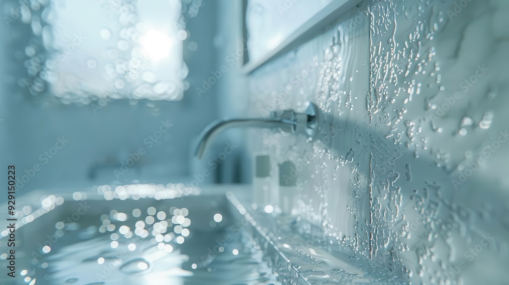 A close-up view of a modern sink with water droplets, capturing the tranquility and freshness of a clean bathroom environment. A close-up view of a modern sink with water droplets, capturing the tranquility and freshness of a clean bathroom environment.