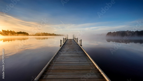 Fototapeta Naklejka Na Ścianę i Meble -  minimalist wooden pier extending misty lake sunrise reflective water surface atmospheric landscape create serene contemplative scene
