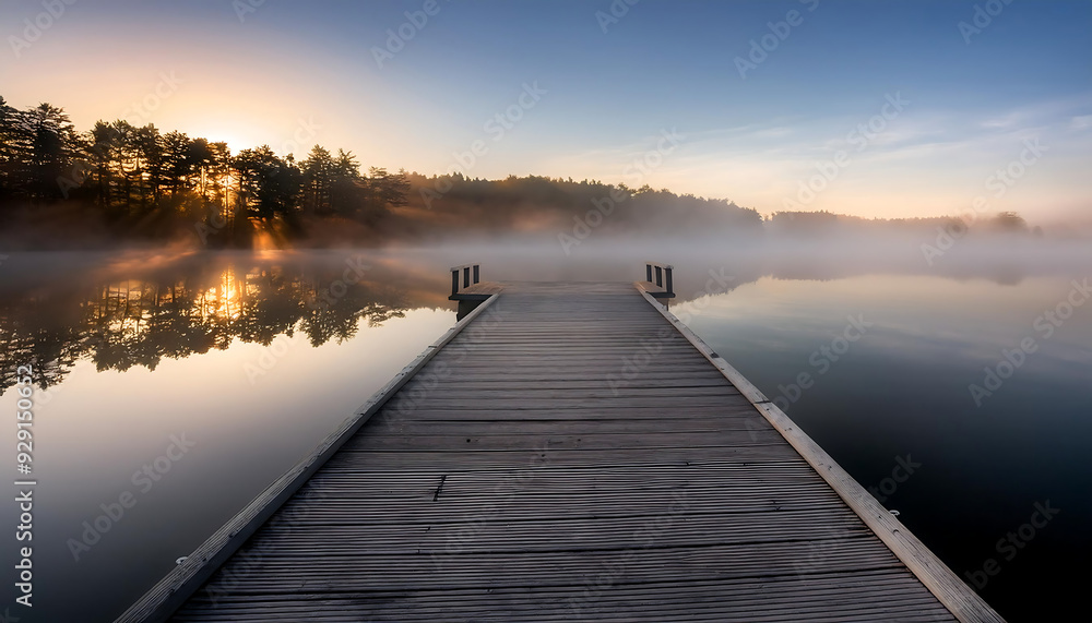 Naklejka premium minimalist wooden pier extending misty lake sunrise reflective water surface atmospheric landscape create serene contemplative scene