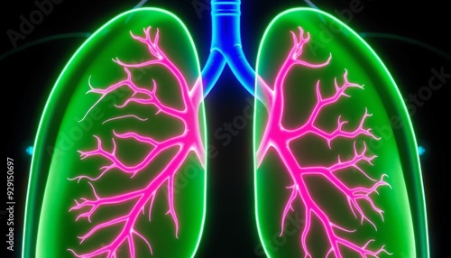 neon green lungs connected to pink pulmonary artery blue pulmonary vein dark background photo