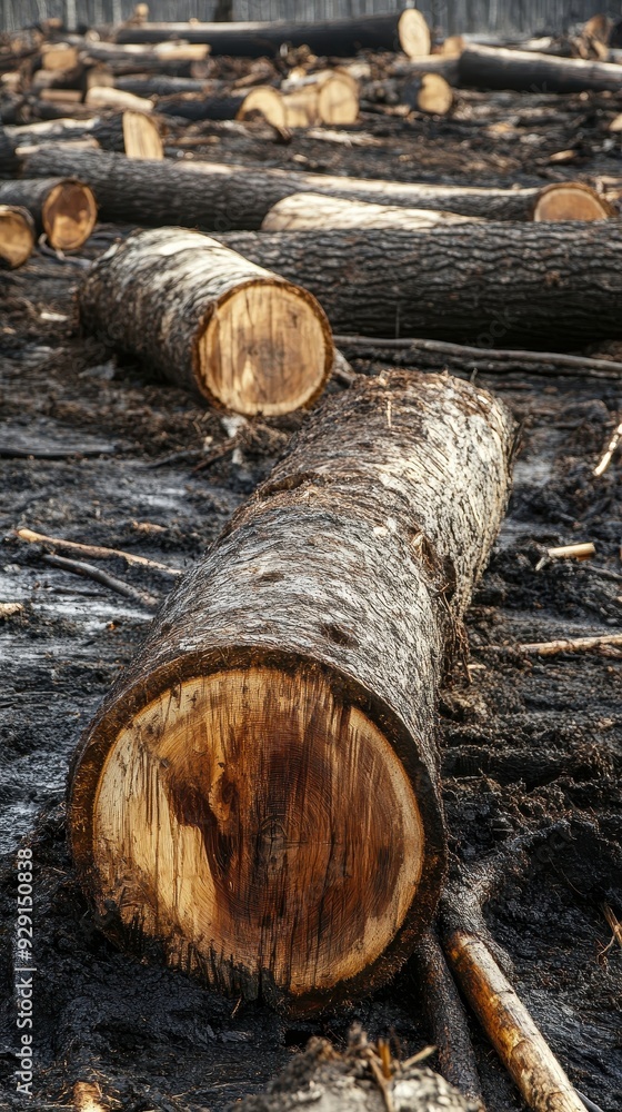 Newly cut timber lies on the ground, showcasing fresh logs after a recent logging operation Newly cut timber lies on the ground, showcasing fresh logs after a recent logging operation