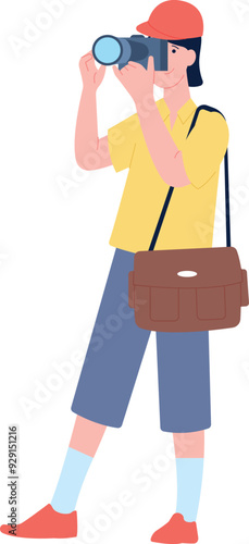 Photographer make photo. Young paparazzi color character