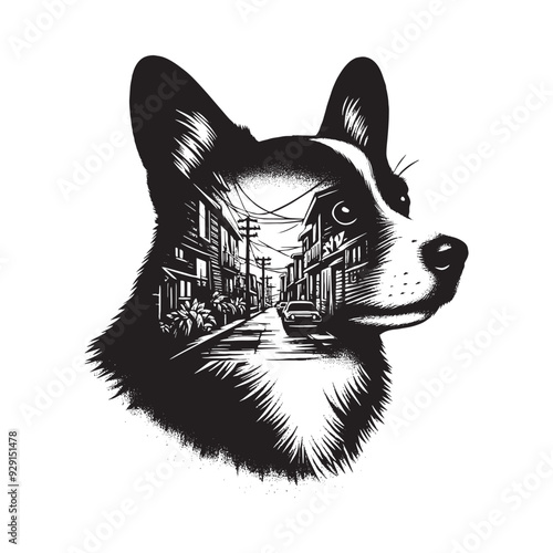 silhouette of Corgi, filled with ghetto street in rough drawing,