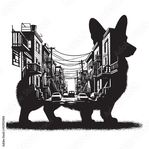 silhouette of Corgi, filled with ghetto street in rough drawing,