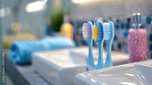 Bright bathroom setup featuring colorful toothbrushes on a countertop, promoting oral hygiene and fresh living spaces.