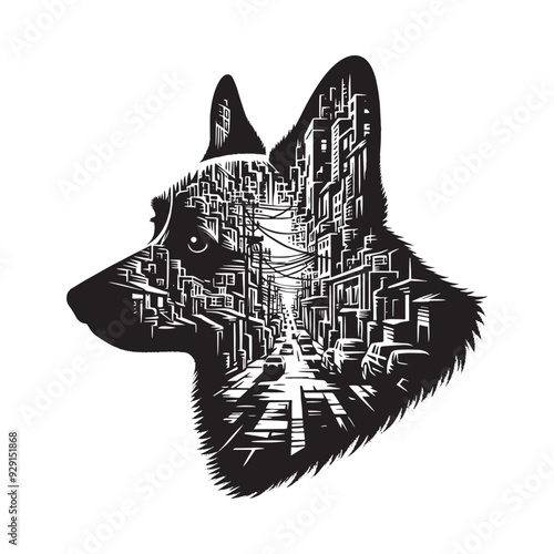 silhouette of Corgi, filled with ghetto street in rough drawing,