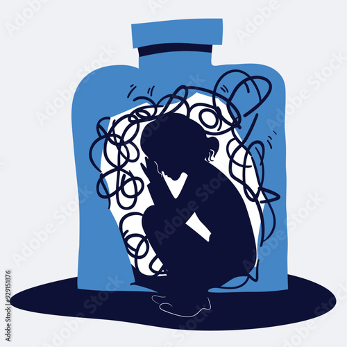 The image depicts an abstract illustration of a person curled up inside a blue silhouette