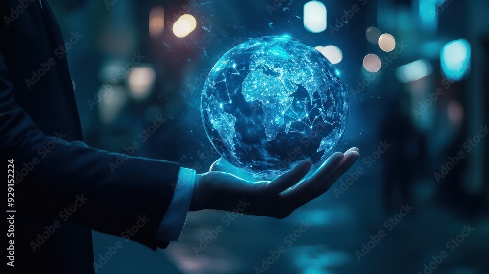 Fototapeta premium Businessman with a glowing virtual earth globe in hand, symbolizing global connectivity