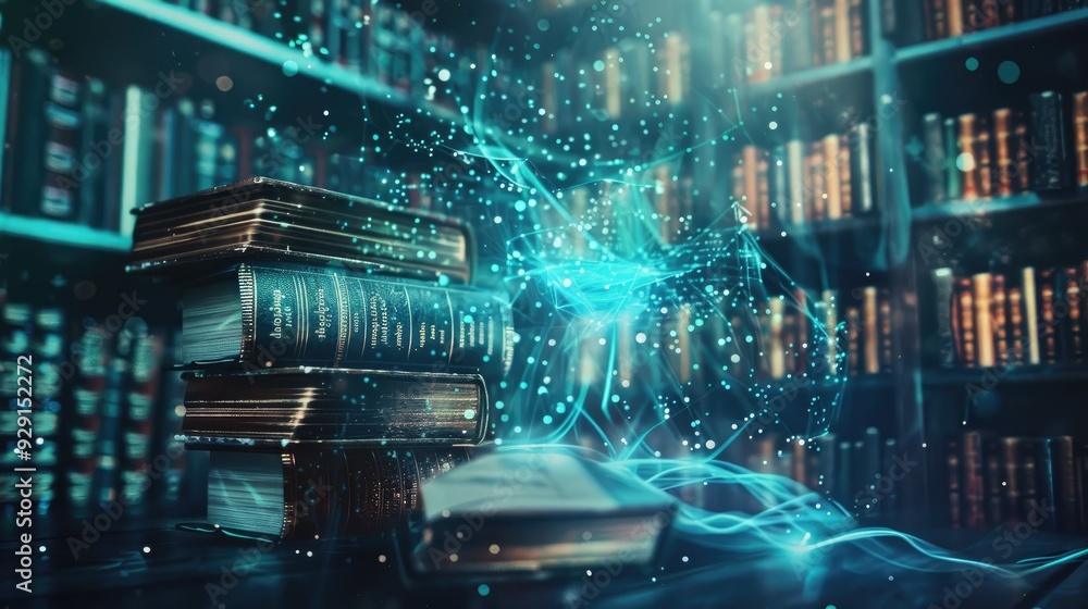 Fototapeta premium Mystical Library with Books and Glowing Light
