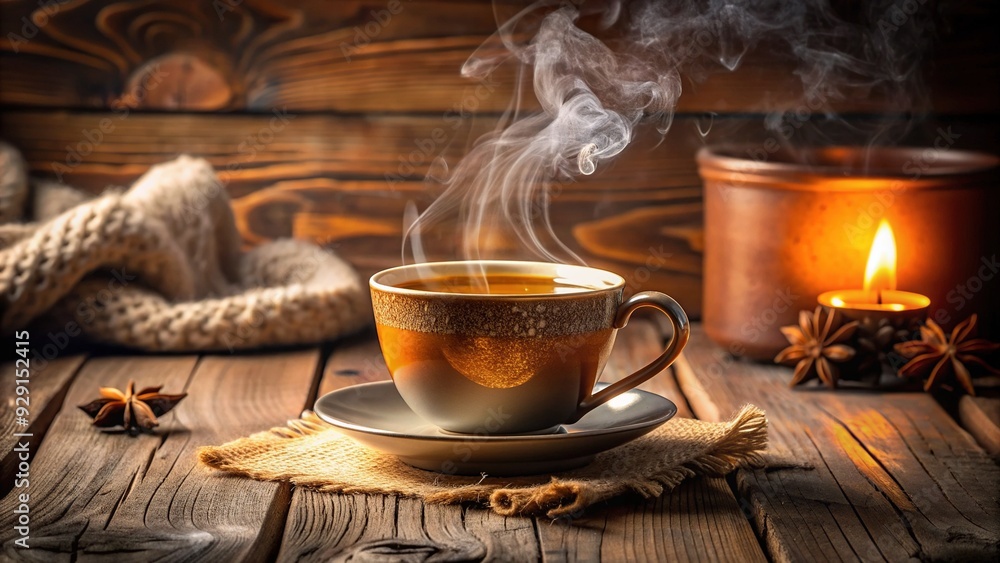 Steam rises from a delicate ceramic cup filled with warm, golden hot tea, placed on a rustic wooden table amidst a cozy winter morning setting. Steam rises from a delicate ceramic cup filled with warm, golden hot tea, placed on a rustic wooden table amidst a cozy winter morning setting.